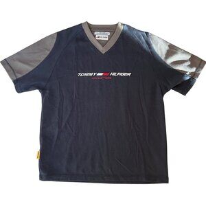 Vintage 90s Tommy Hilfiger Athletics Mens V-Neck Mesh Shirt Size M Black & Gray